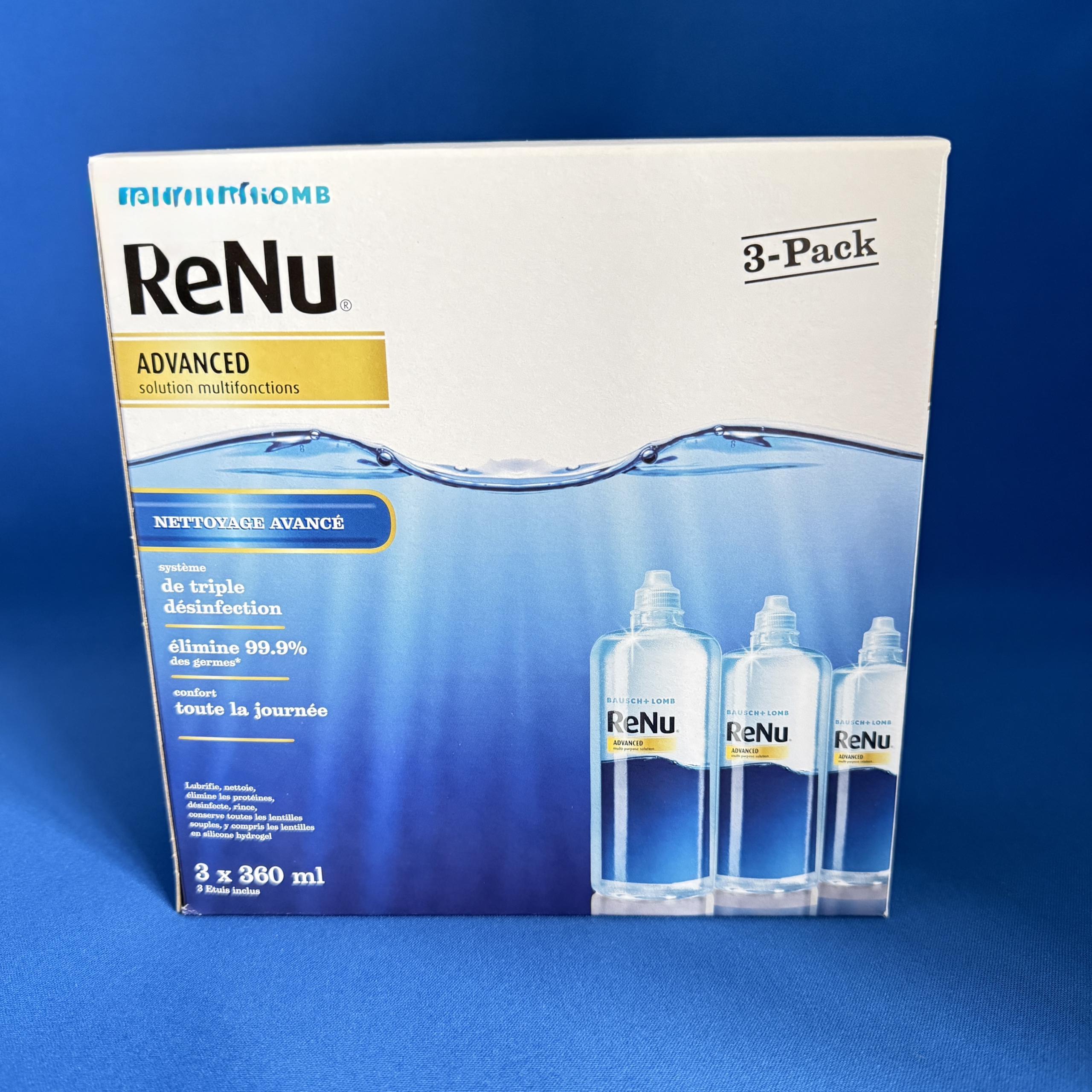 Solution d'Entretien Multifonctions pour Lentilles de Contact Souples Renu Advanced en Pack 3X360ml